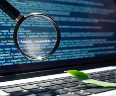 Laptop displaying website code with magnifying glass.