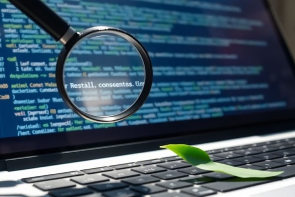 Laptop displaying website code with magnifying glass.