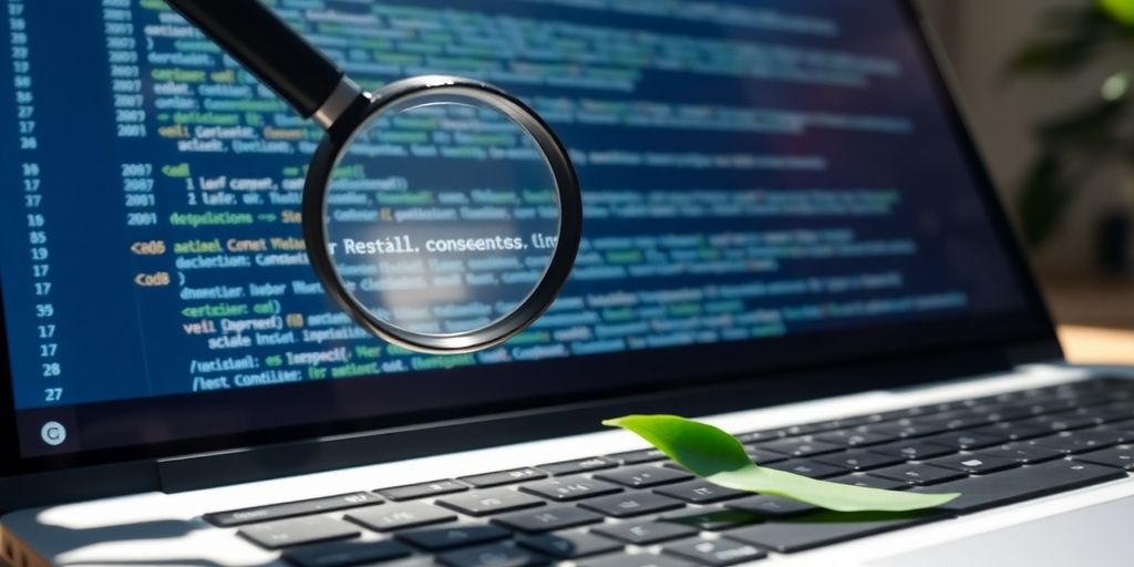 Laptop displaying website code with magnifying glass.