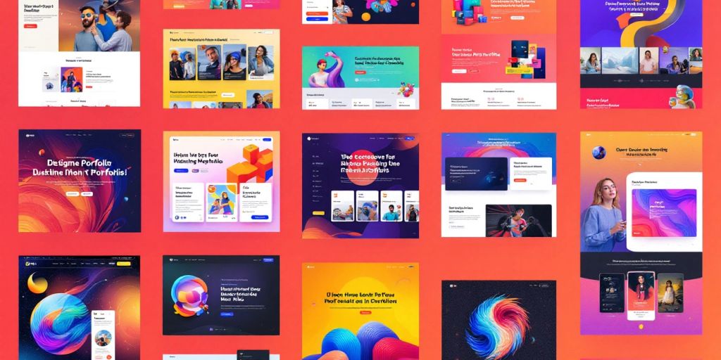 Diverse portfolio web designs in vibrant styles and colors.