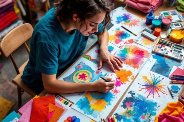 Designer creating colorful T-shirt graphics in studio.