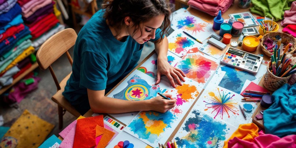 Designer creating colorful T-shirt graphics in studio.