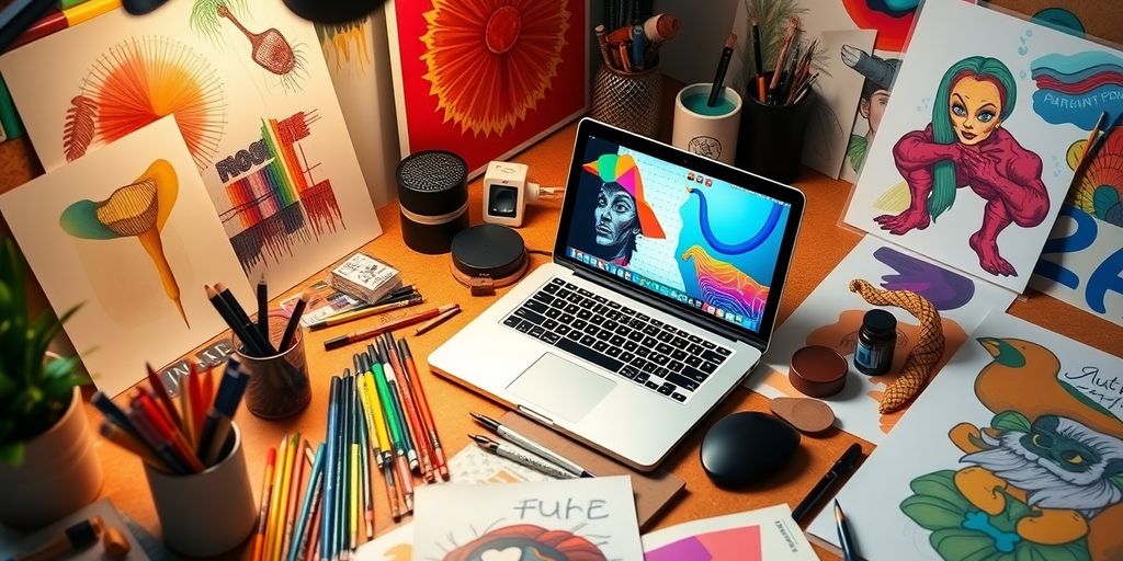 Freelance graphic design workspace with tools and artwork.