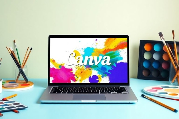 Bright workspace with laptop and artistic tools.