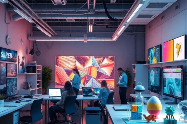 Futuristic graphic design studio with digital tools and colors.