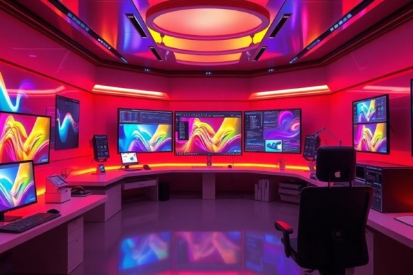 Futuristic workspace with screens and design tools.