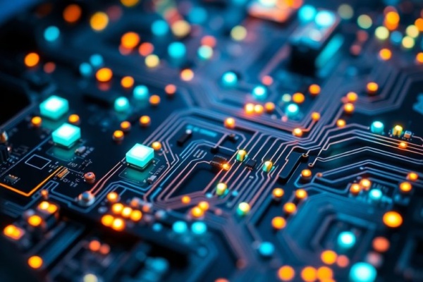Close-up of glowing quantum computer circuitry and qubits.