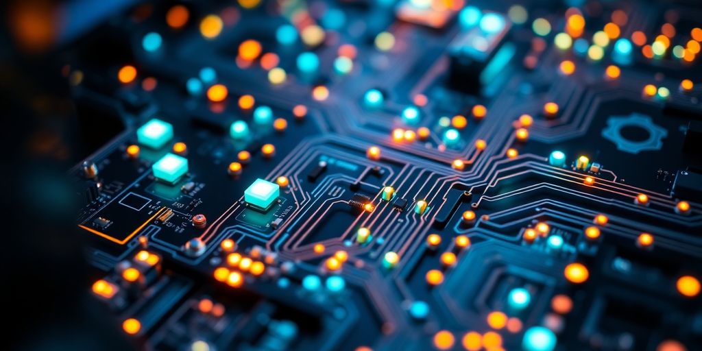 Close-up of glowing quantum computer circuitry and qubits.