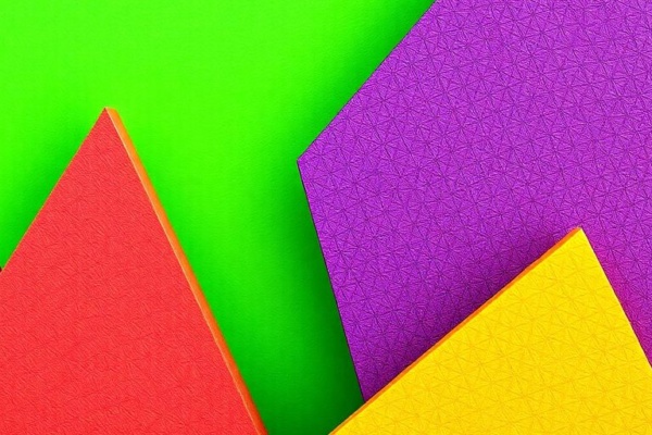 Colored geometric shapes, various sizes, bright colors