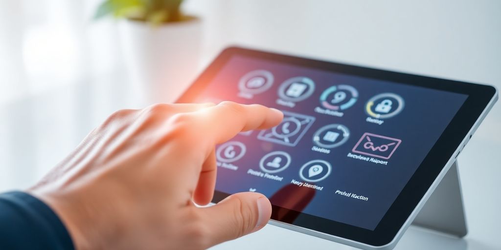 Glowing UI elements, finger tapping screen