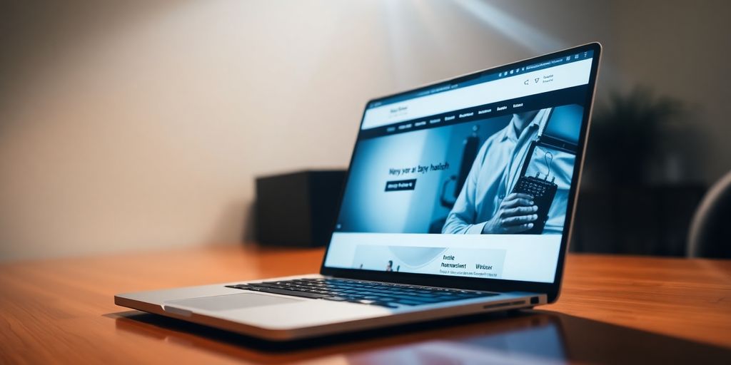 Laptop displaying website, speed lines behind it.
