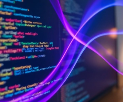 Stylized code editor, vibrant colors, flowing lines