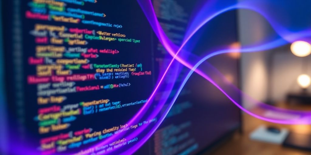 Stylized code editor, vibrant colors, flowing lines