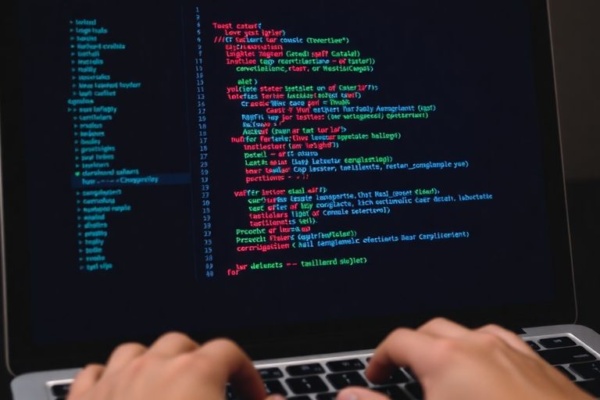 Laptop screen displaying colorful Tailwind CSS code.