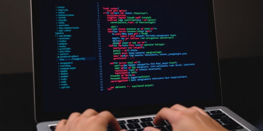 Laptop screen displaying colorful Tailwind CSS code.