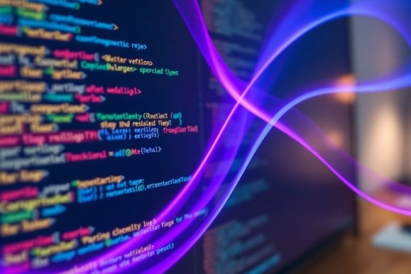 Stylized code editor, vibrant colors, flowing lines