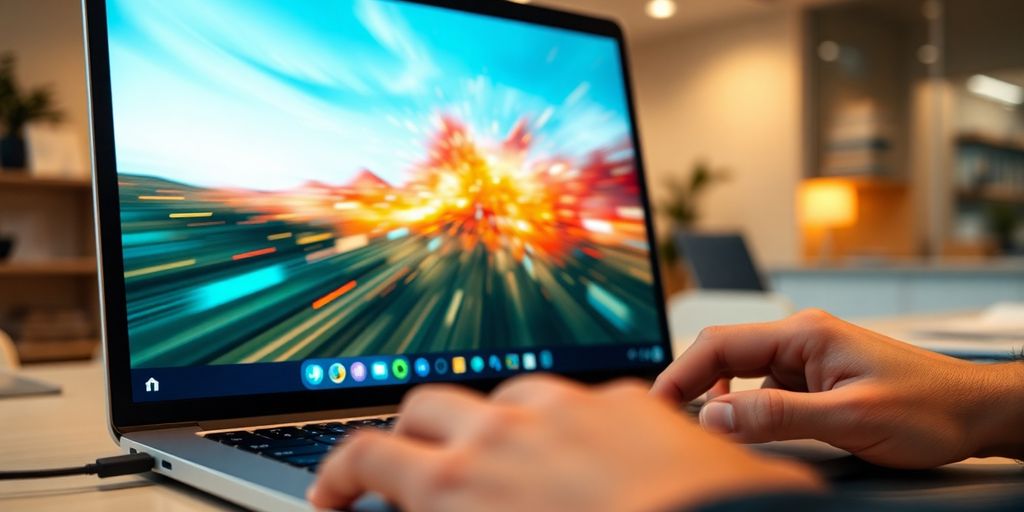 Laptop displaying AI b-roll, designer working.