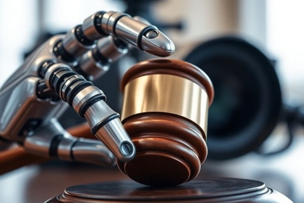 Robotic hand, legal gavel, video camera lens