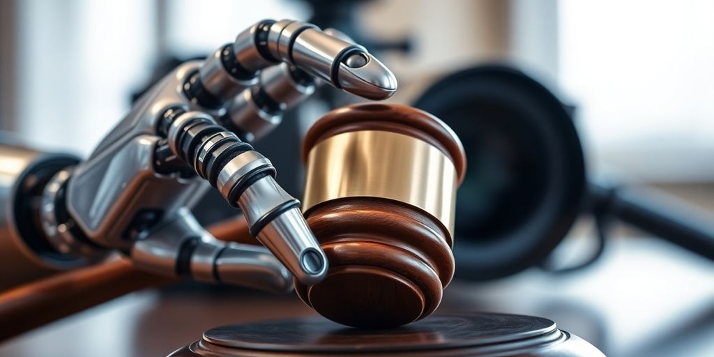 Robotic hand, legal gavel, video camera lens