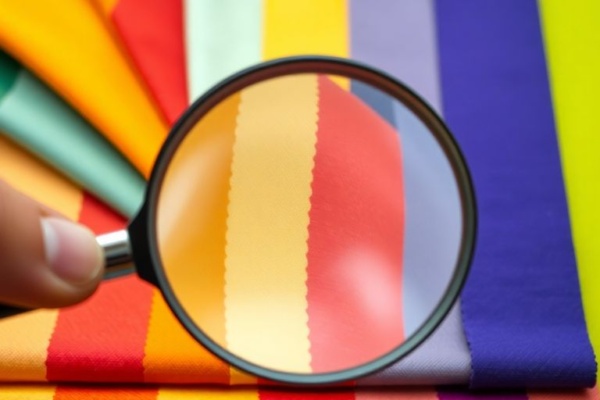 Magnifying glass examining colorful fabric swatches.