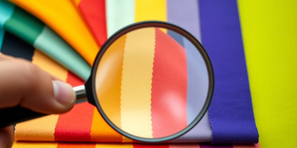 Magnifying glass examining colorful fabric swatches.