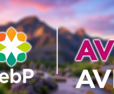 WebP and AVIF logos with a photography backdrop.