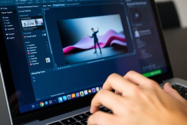 Laptop displaying AI video within Figma interface.