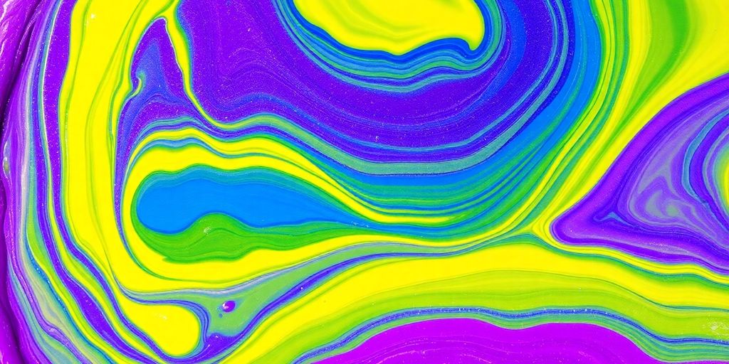 Swirls of purple, blue, yellow, and green paints.